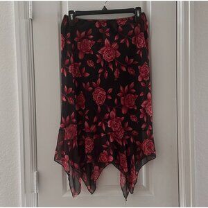 Floral Black & Red Handkerchief Hem Sheer Skirt Womens Size M